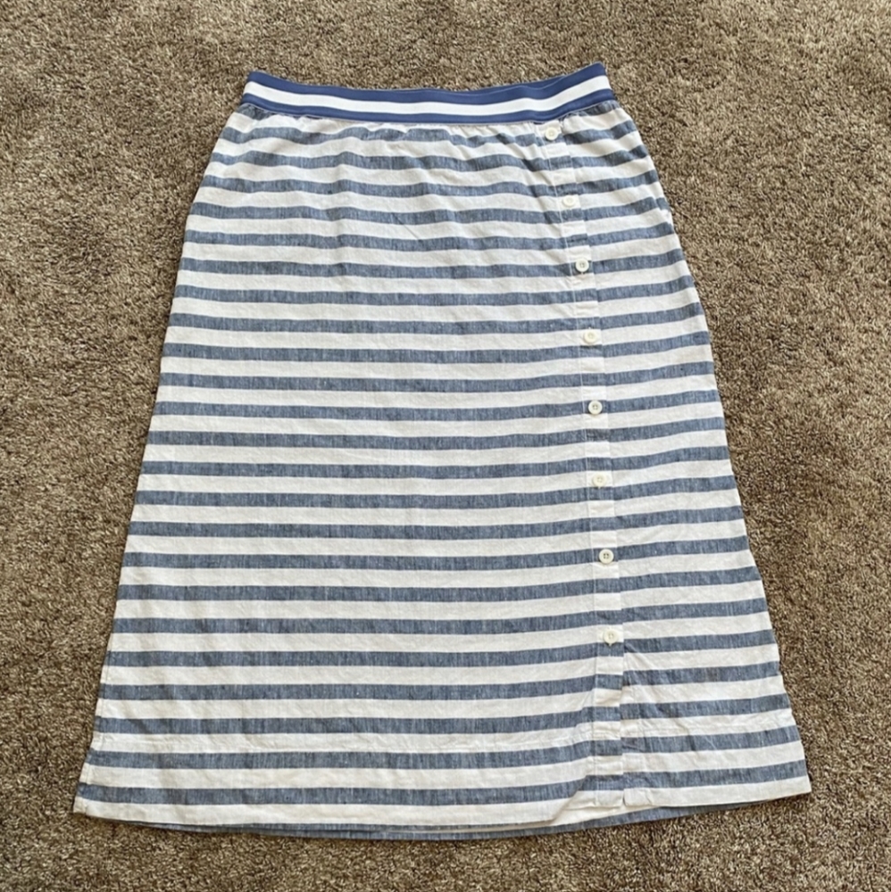 J. Jill Love Linen Seaside Blue & White Stripe Maxi Skirt Button Front Large